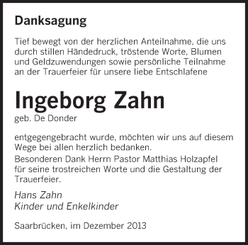 Todesanzeige von Ingeborg Zahn von saarbruecker_zeitung
