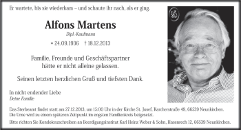 Todesanzeige von Alfons Martens von saarbruecker_zeitung