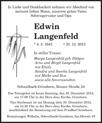 Todesanzeige von Edwin Langenfeld von saarbruecker_zeitung