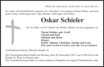 Todesanzeige von Oskar Schieler von saarbruecker_zeitung
