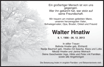 Todesanzeige von Walter Hnatiw von saarbruecker_zeitung