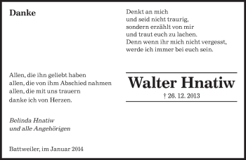 Todesanzeige von Walter Hnatiw von saarbruecker_zeitung