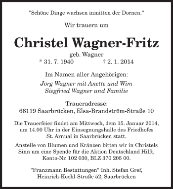 Todesanzeige von Christel Wagner-Fritz von saarbruecker_zeitung