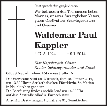Todesanzeige von Waldemar Paul Kappler von saarbruecker_zeitung