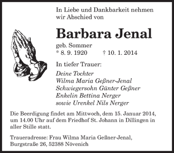 Todesanzeige von Barbara Jenal von saarbruecker_zeitung
