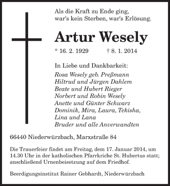 Todesanzeige von Artur Wesely von saarbruecker_zeitung