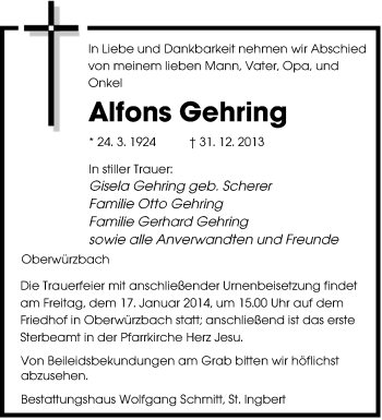 Todesanzeige von Alfons Gehring von saarbruecker_zeitung