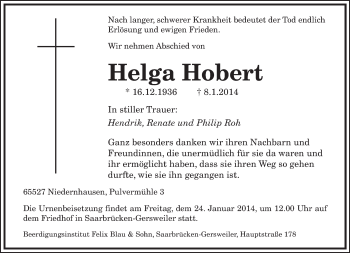 Todesanzeige von Helga Hobert von saarbruecker_zeitung