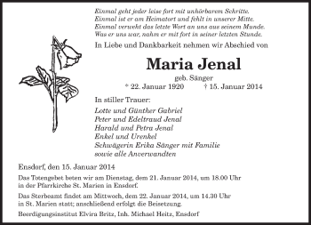 Todesanzeige von Maria Jenal von saarbruecker_zeitung