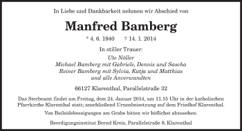 Todesanzeige von Manfred Bamberg von saarbruecker_zeitung