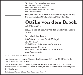 Todesanzeige von Ottilie von dem Broch von saarbruecker_zeitung