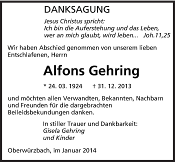 Todesanzeige von Alfons Gehring von saarbruecker_zeitung