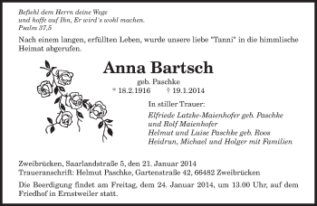 Todesanzeige von Anna Bartsch von saarbruecker_zeitung