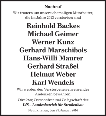 Todesanzeige von Gedenken Landesbetrieb für Straßenbau von saarbruecker_zeitung
