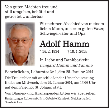 Todesanzeige von Adolf Hamm von saarbruecker_zeitung