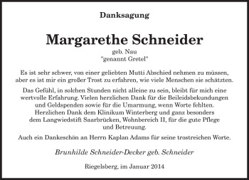 Todesanzeige von Margarethe Schneider von saarbruecker_zeitung