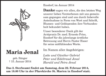 Todesanzeige von Maria Jenal von saarbruecker_zeitung