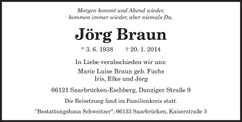 Todesanzeige von Jörg Braun von saarbruecker_zeitung