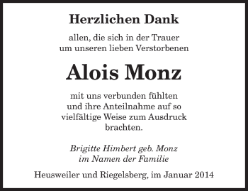 Todesanzeige von Alois Monz von saarbruecker_zeitung