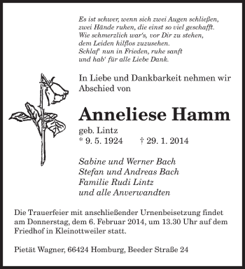 Todesanzeige von Anneliese Hamm von saarbruecker_zeitung