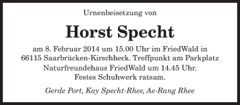 Todesanzeige von Horst Specht von saarbruecker_zeitung