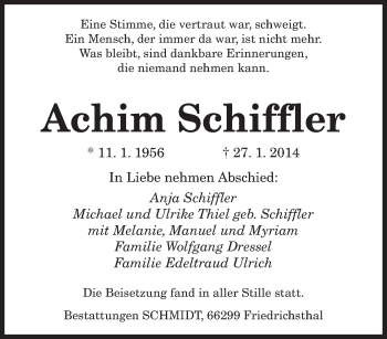 Todesanzeige von Achim Schiffler von saarbruecker_zeitung