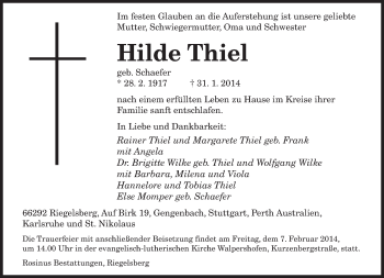 Todesanzeige von Hilde Thiel von saarbruecker_zeitung