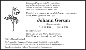 Todesanzeige von Johann Gerum von SAARBRÜCKER ZEITUNG
