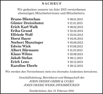 Todesanzeige von Gedenken John Deere von saarbruecker_zeitung