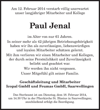 Todesanzeige von Paul Jenal von saarbruecker_zeitung