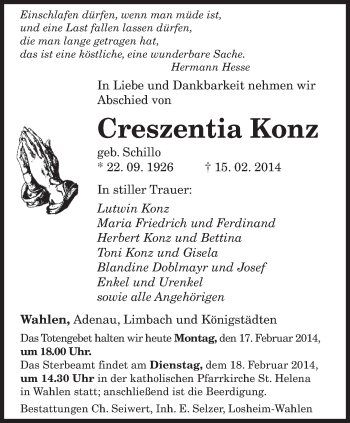 Todesanzeige von Creszentia Konz von saarbruecker_zeitung