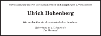 Todesanzeige von Ulrich Hohenberg von saarbruecker_zeitung