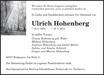 Todesanzeige von Ulrich Hohenberg von saarbruecker_zeitung