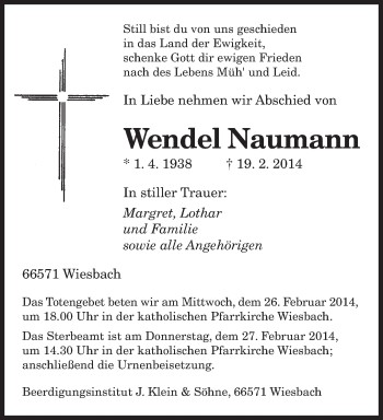 Todesanzeige von Wendel Naumann von saarbruecker_zeitung