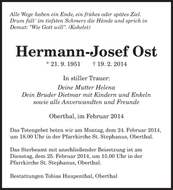 Todesanzeige von Hermann-Josef Ost von saarbruecker_zeitung