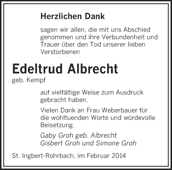 Todesanzeige von Edeltrud Albrecht von saarbruecker_zeitung