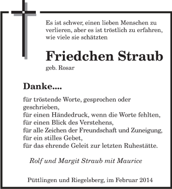 Todesanzeige von Friedchen Straub von saarbruecker_zeitung
