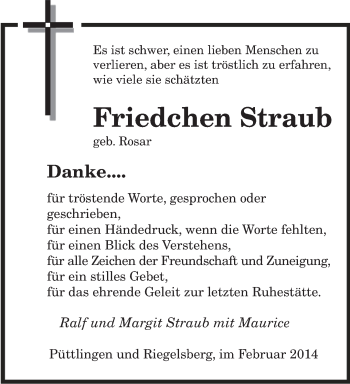 Todesanzeige von Friedchen Straub von saarbruecker_zeitung