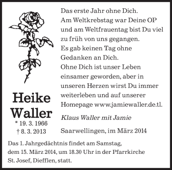 Todesanzeige von Heike Waller von saarbruecker_zeitung