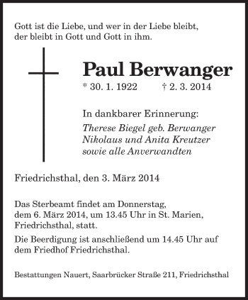 Todesanzeige von Paul Berwanger von saarbruecker_zeitung