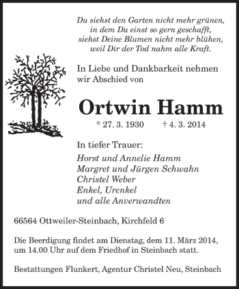 Todesanzeige von Ortwin Hamm von saarbruecker_zeitung