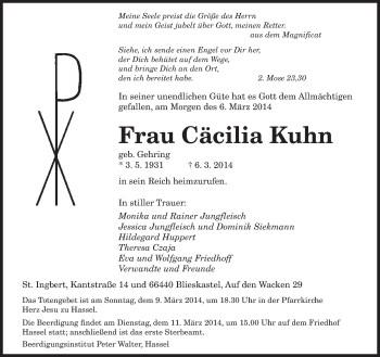 Todesanzeige von Cäcilia Kuhn von saarbruecker_zeitung
