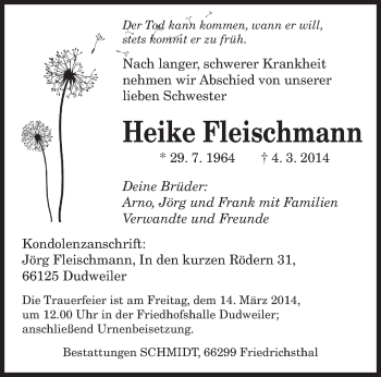 Todesanzeige von Heike Fleischmann von saarbruecker_zeitung