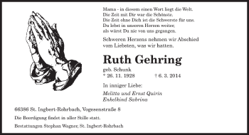 Todesanzeige von Ruth Gehring von saarbruecker_zeitung