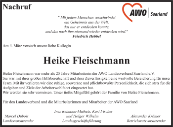Todesanzeige von Heike Fleischmann von saarbruecker_zeitung