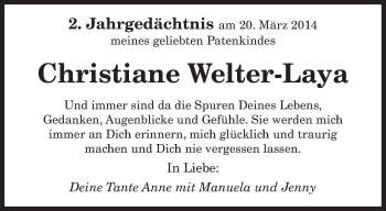 Todesanzeige von Christiane Welter-Laya von saarbruecker_zeitung