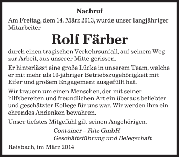 Todesanzeige von Rolf Färber von saarbruecker_zeitung