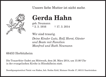 Todesanzeige von Gerda Hahn von saarbruecker_zeitung