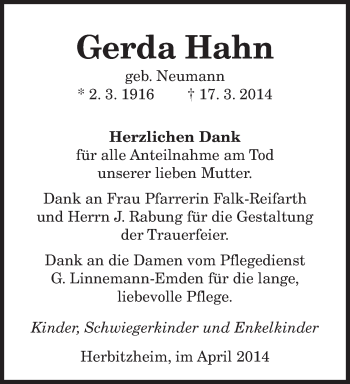 Todesanzeige von Gerda Hahn von saarbruecker_zeitung
