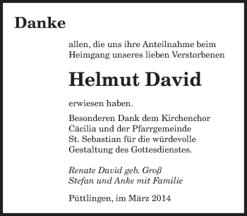 Todesanzeige von Helmut David von saarbruecker_zeitung